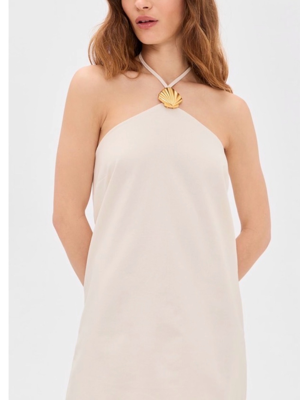 Shell-Accent Cream Halter Slip Dress